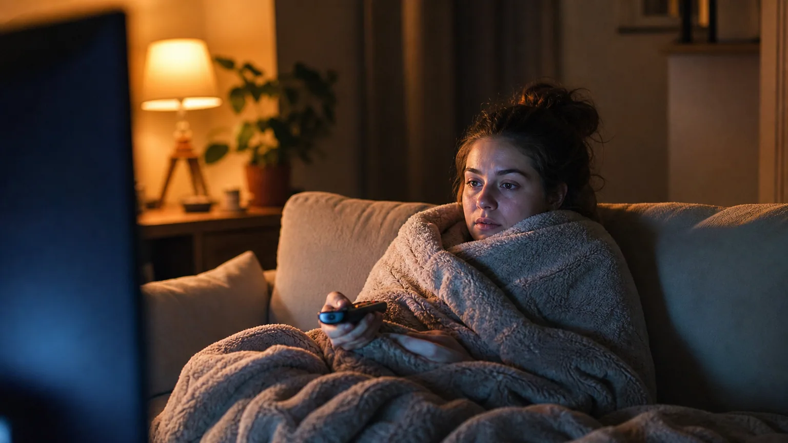 Une personne installée sur un canapé le soir regarde une série à la télévision