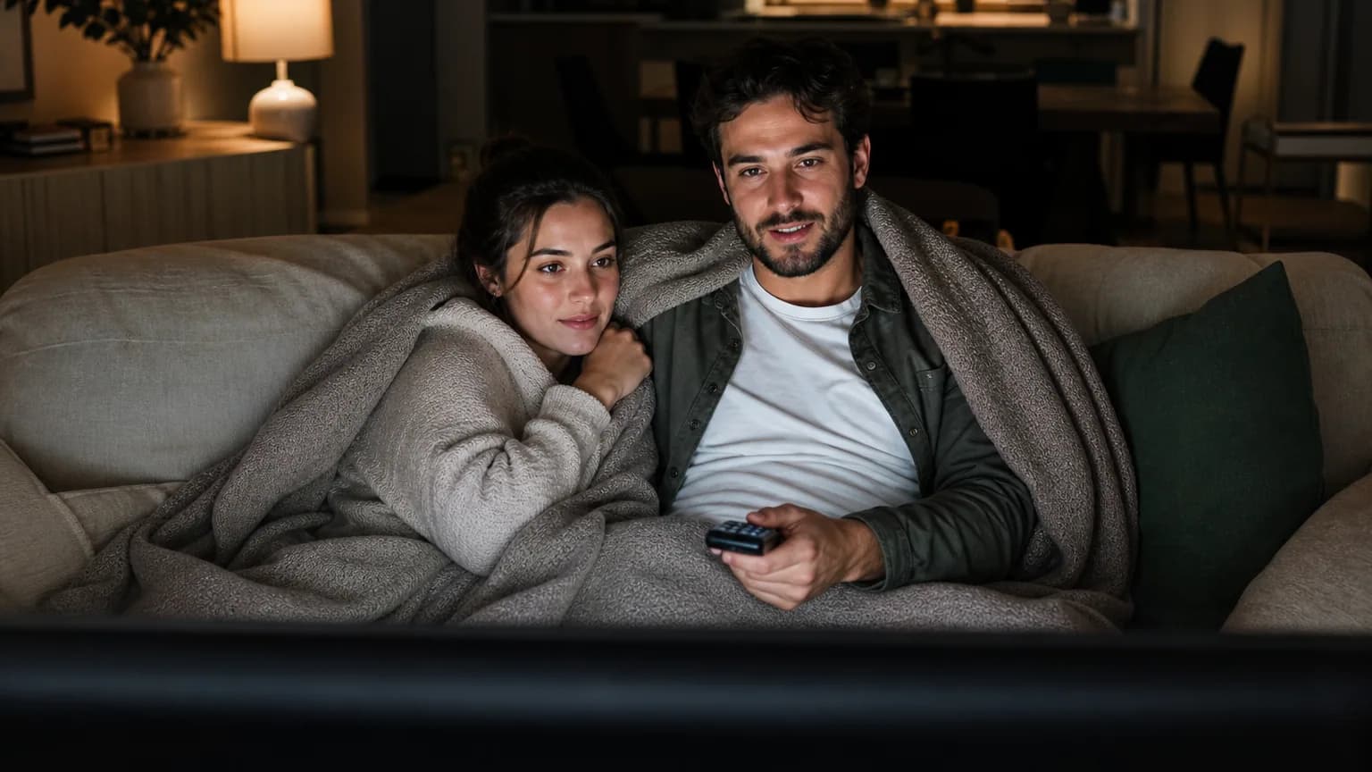 Un couple regarde une série le soir dans son salon, éclairé par la lumière de la télévision