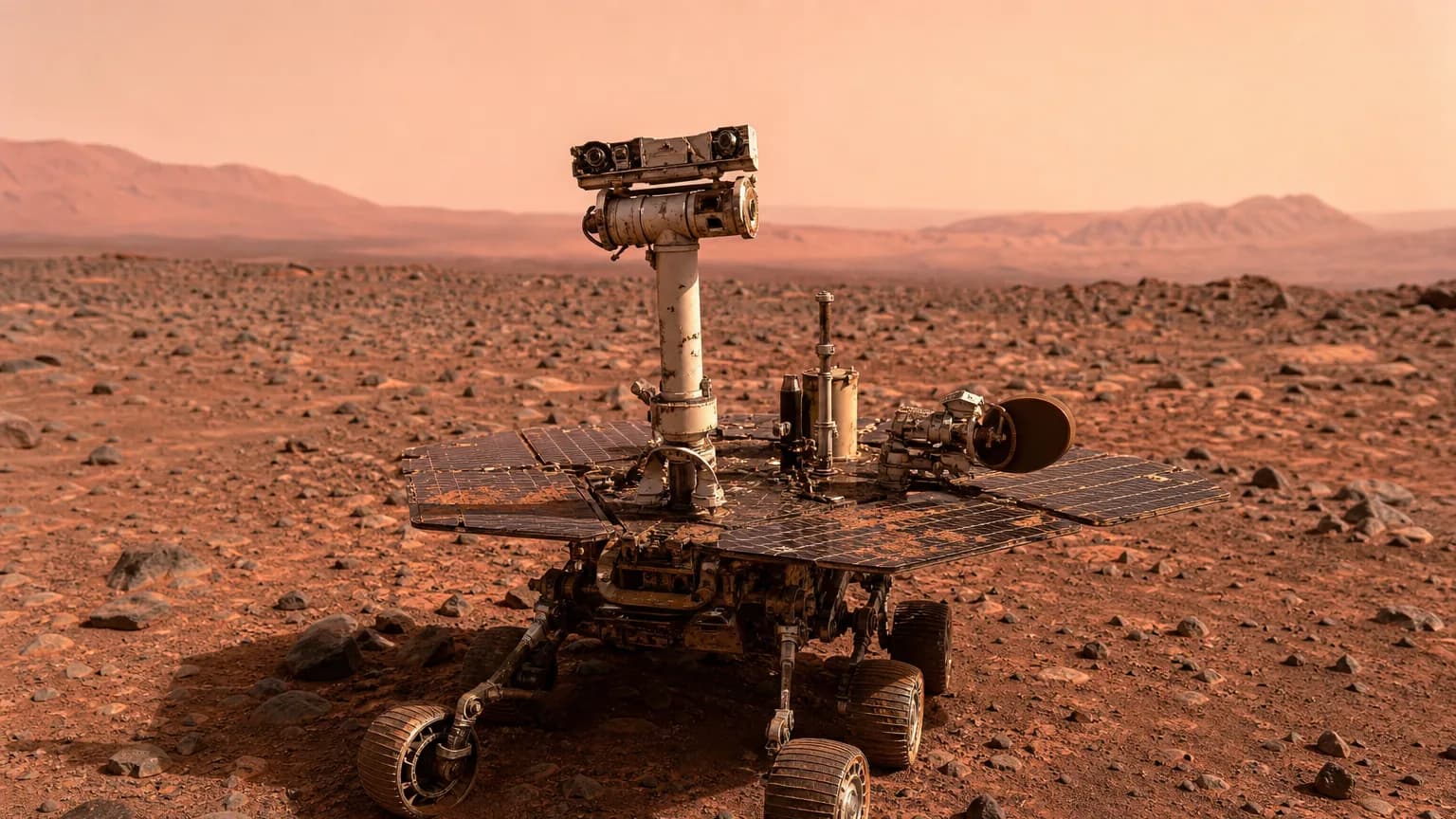 Un rover d'exploration posé sur le sol rougeâtre et rocailleux de Mars sous un ciel rosé