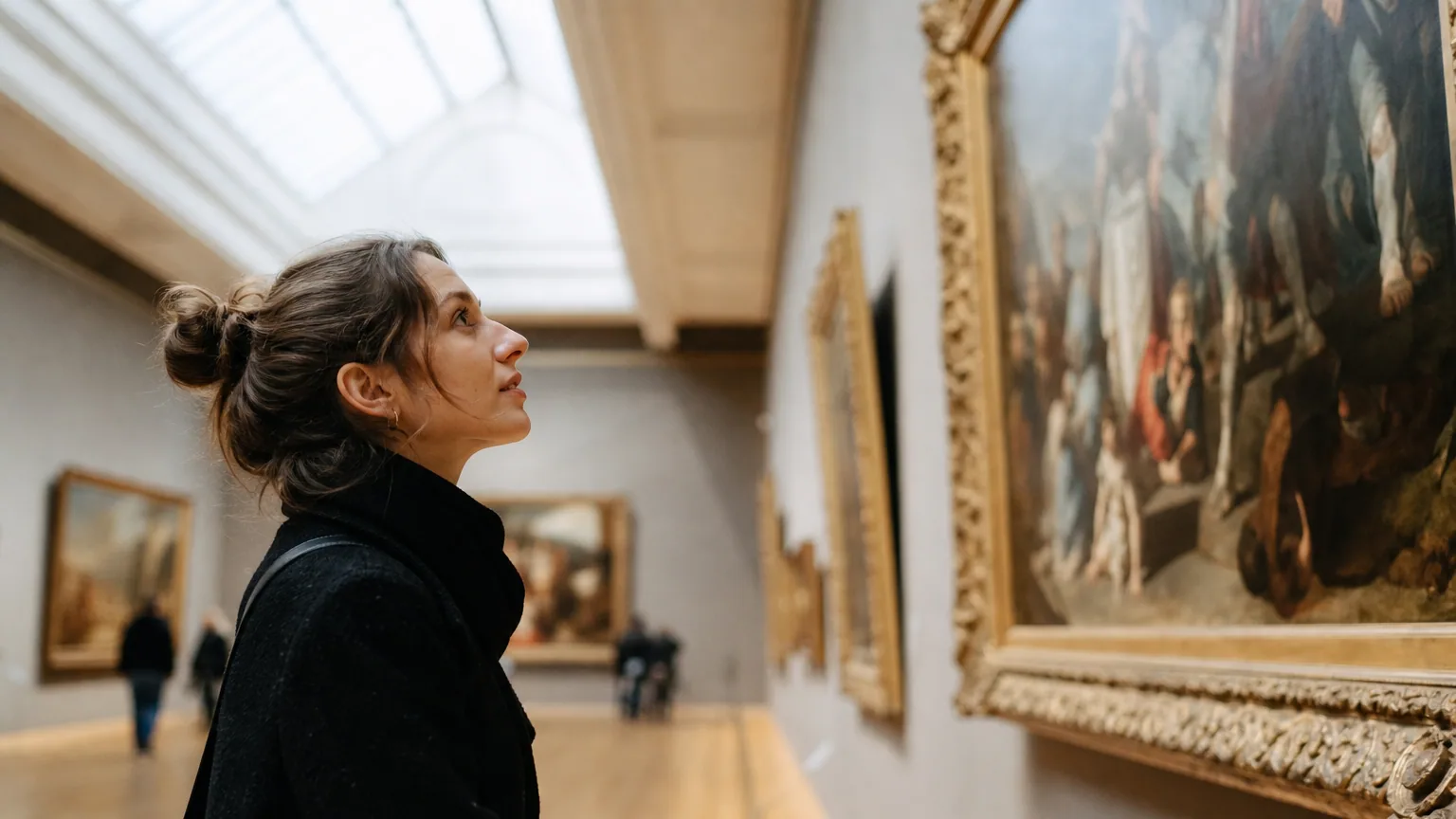 Une visiteuse observe attentivement un tableau dans une salle de musée lumineuse.