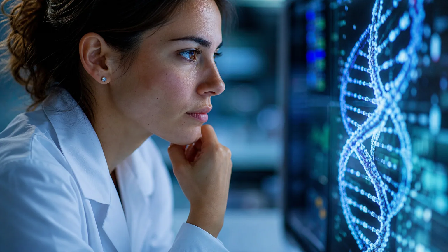 Une scientifique observe une séquence d'ADN sur un écran de laboratoire