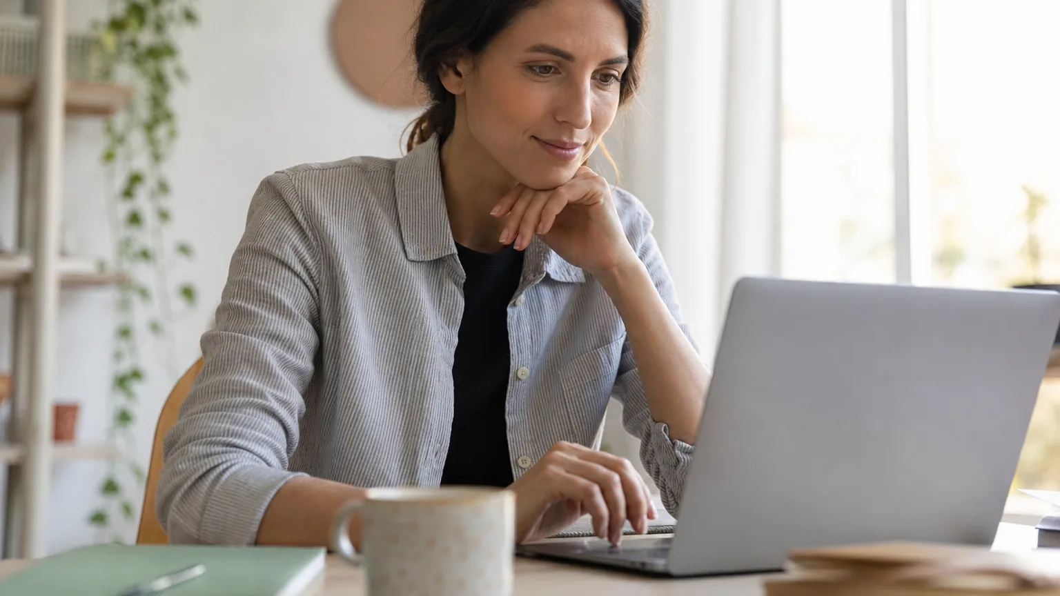Une femme met à jour son profil professionnel sur son ordinateur portable à son bureau