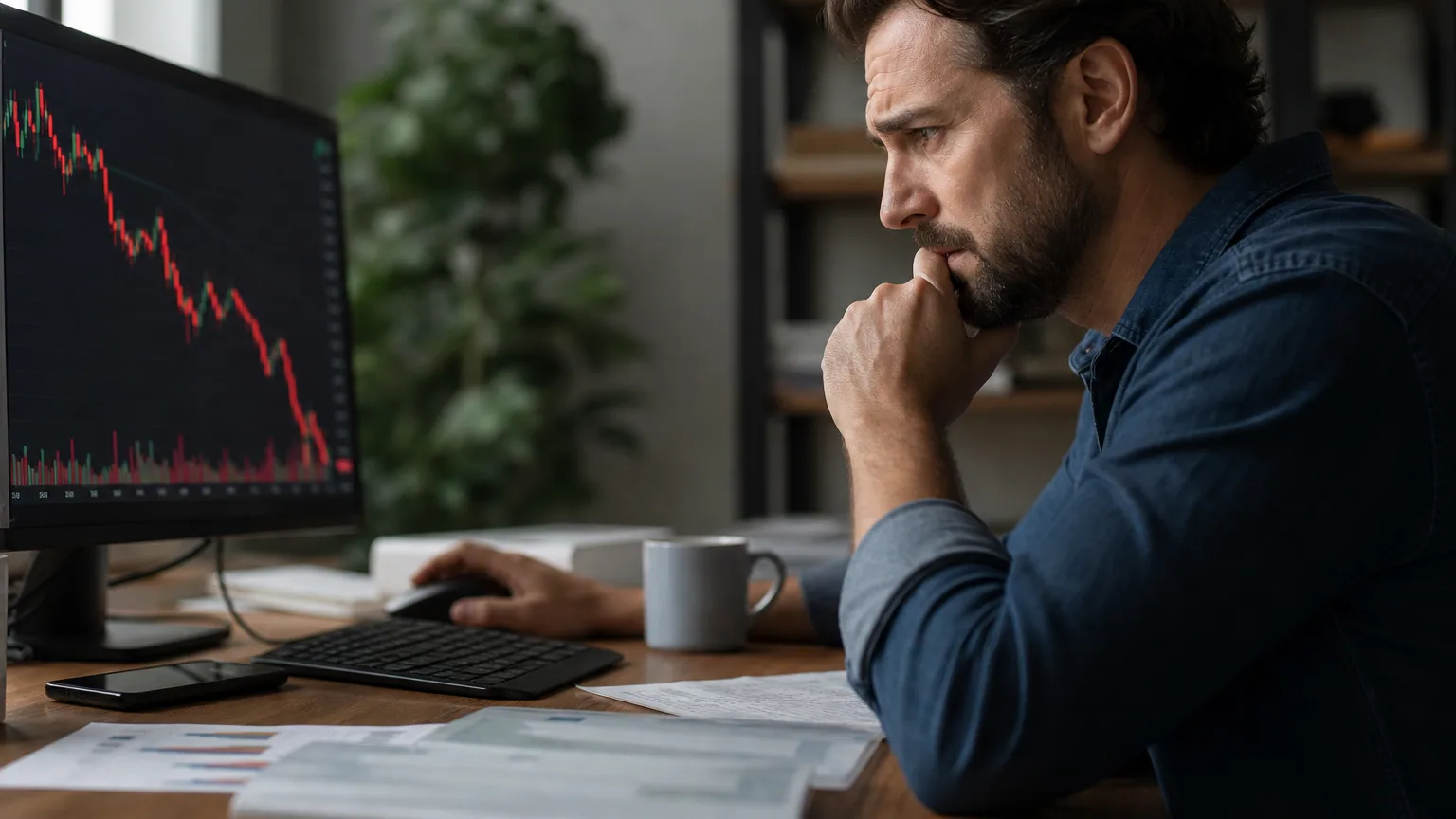 Un investisseur observe avec inquiétude un graphique boursier en baisse sur son écran