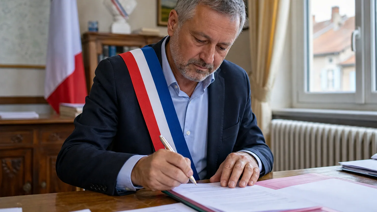 Un maire ceint de l'écharpe tricolore signe un formulaire officiel dans une mairie.