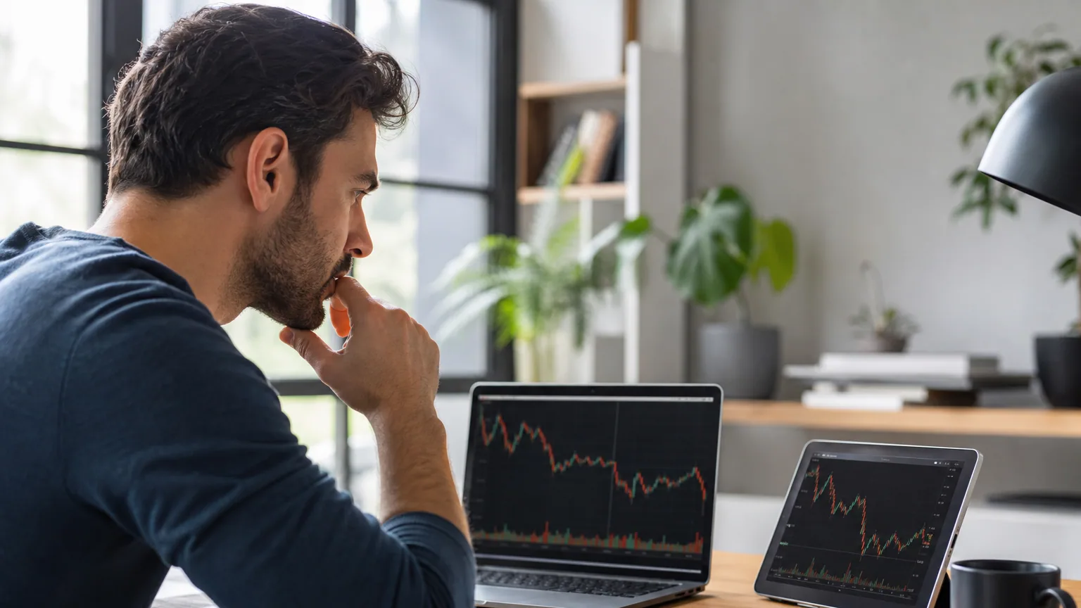 Un investisseur particulier analyse des graphiques boursiers sur ordinateur et tablette