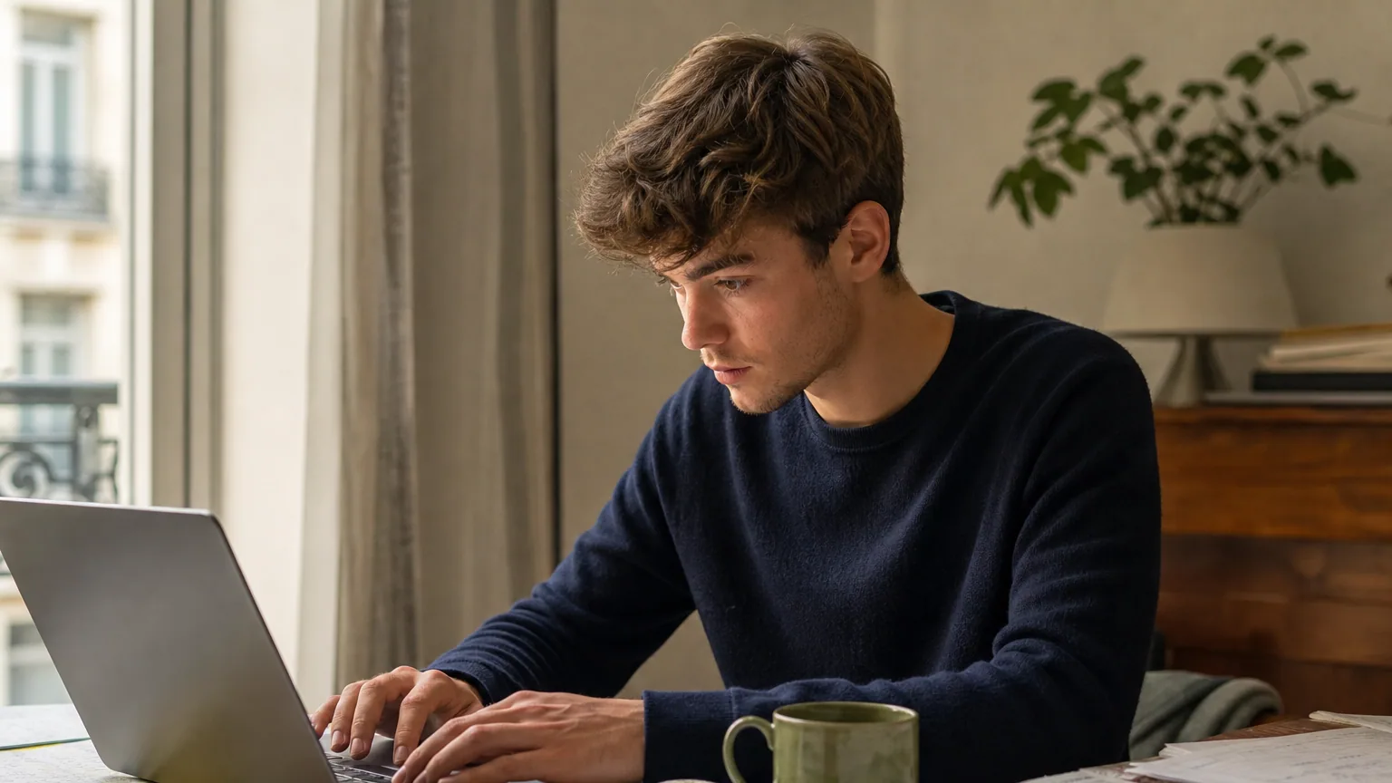 Une lycéenne concentrée rédige sa lettre de motivation sur un ordinateur portable à son bureau