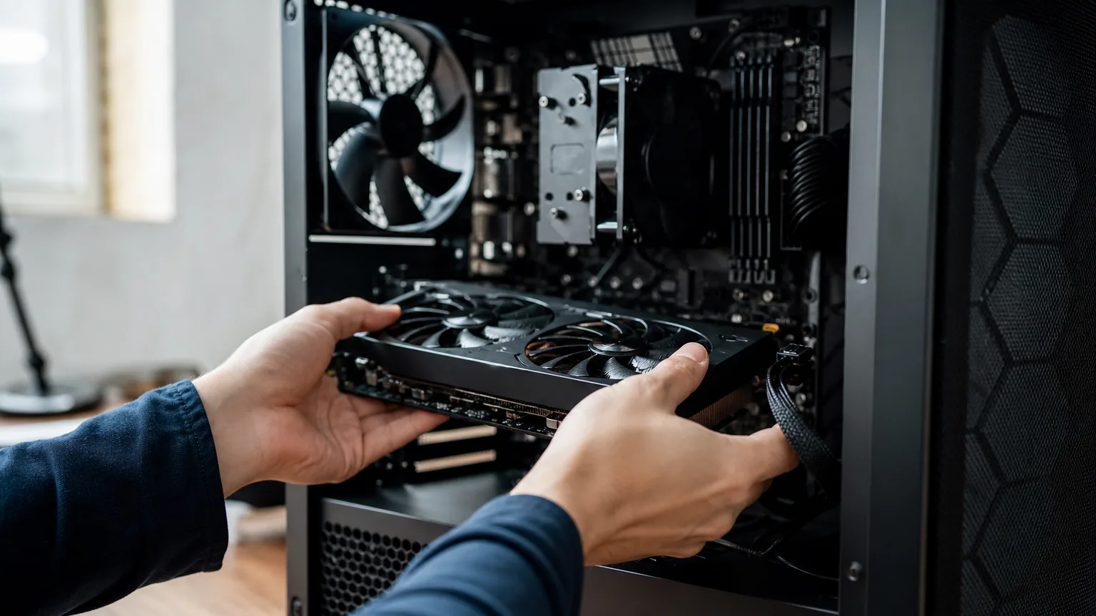 Mains installant une carte graphique dans un boîtier PC ouvert posé sur un bureau