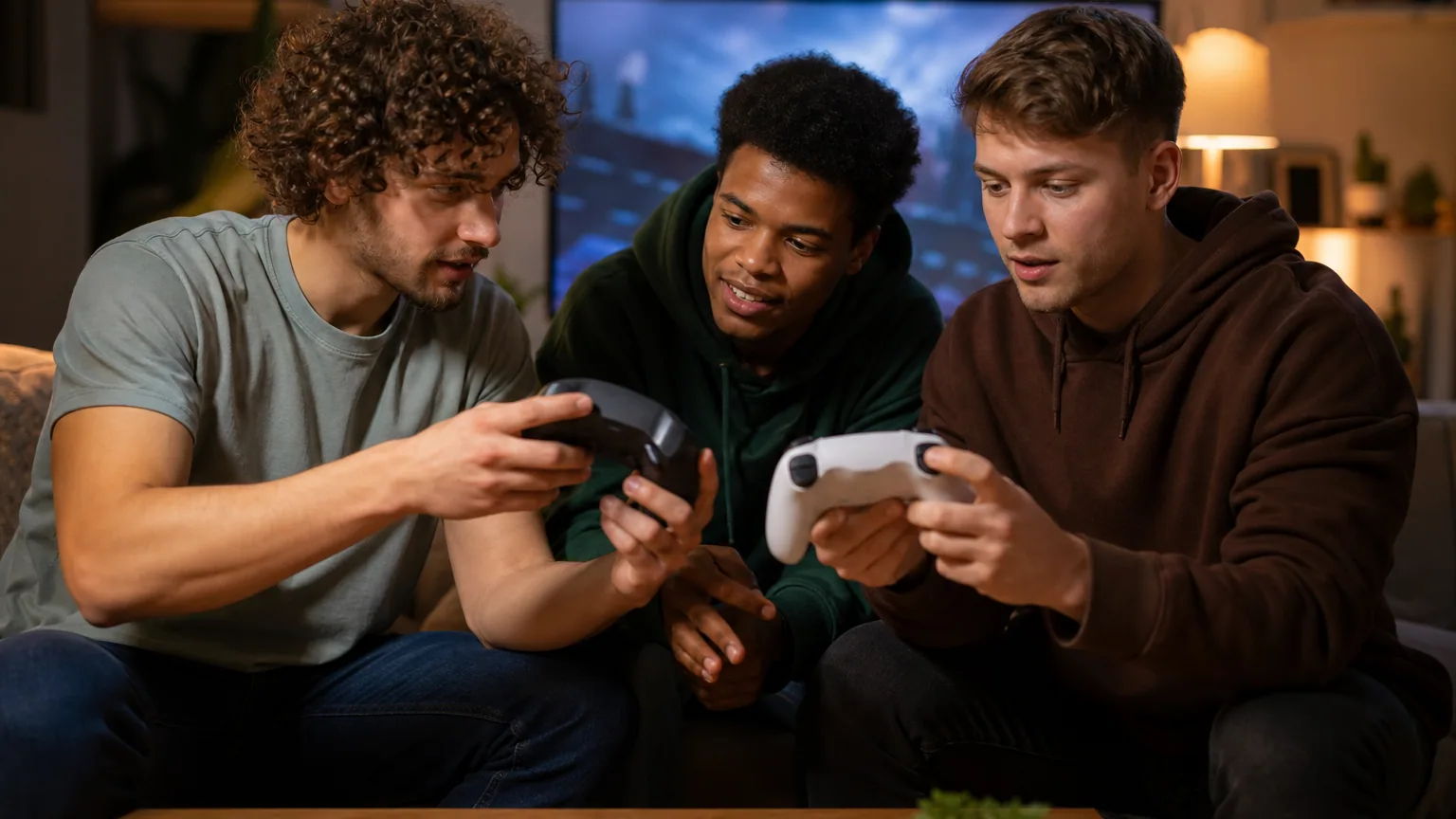 Des joueurs comparant différentes manettes de console dans un salon en soirée