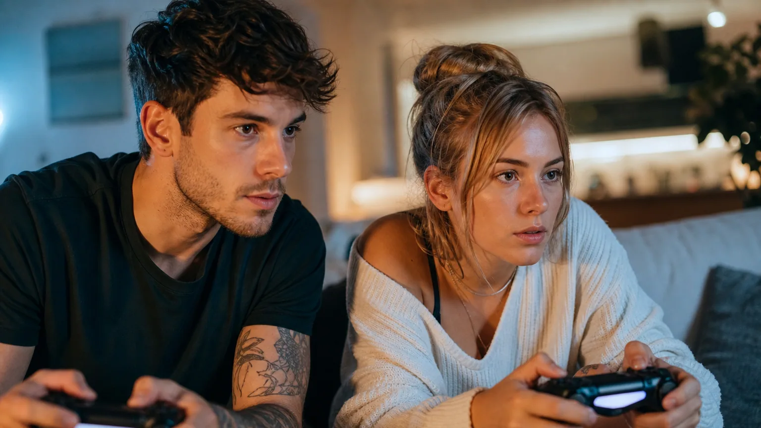 Deux joueurs concentrés tenant des manettes de jeu dans un salon éclairé en douceur