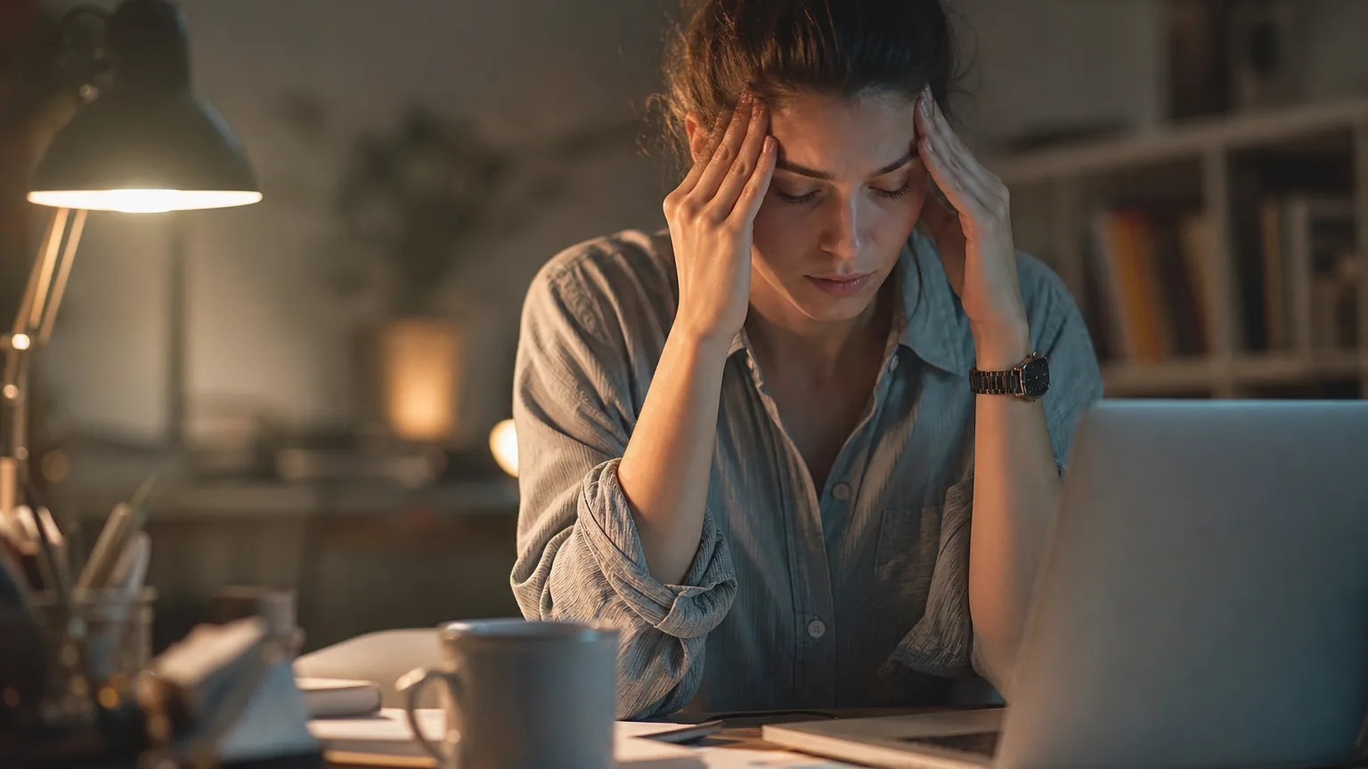 Une femme fatiguée se masse les tempes devant son bureau le soir