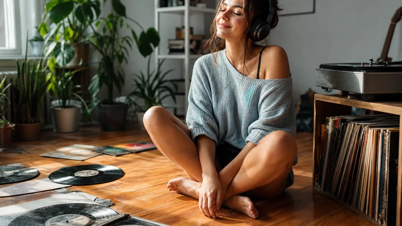 Une jeune femme écoute attentivement de la musique au casque, les yeux fermés, entourée de vinyles