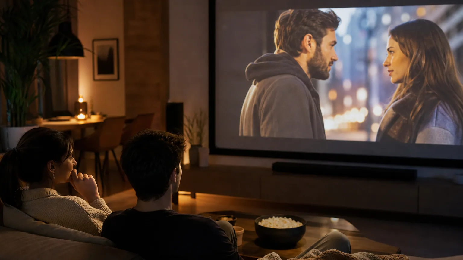 Salon plongé dans la pénombre avec une grande image projetée et deux personnes installées sur un canapé devant un bol de popcorn