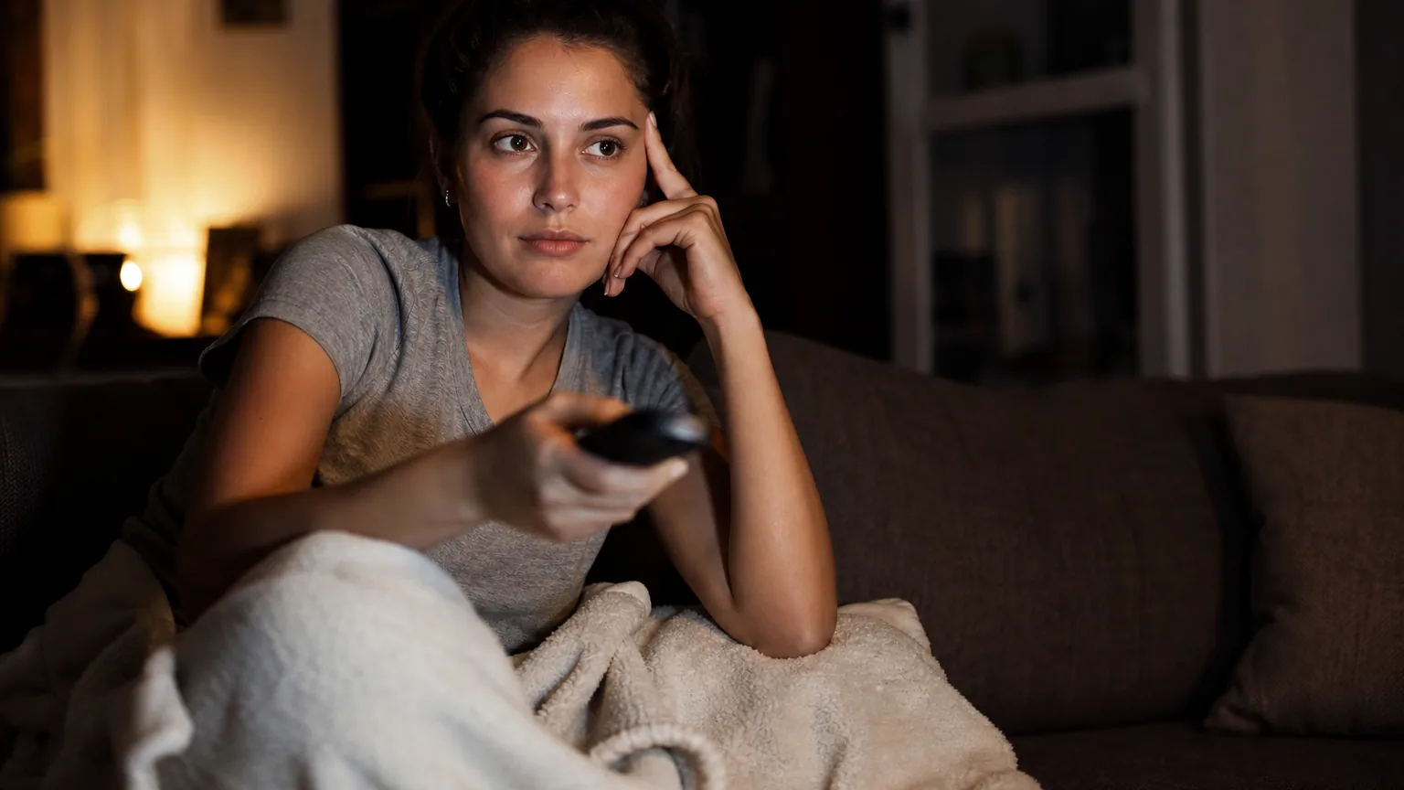Une spectatrice hésitante télécommande en main devant la lueur d'un écran de télévision le soir