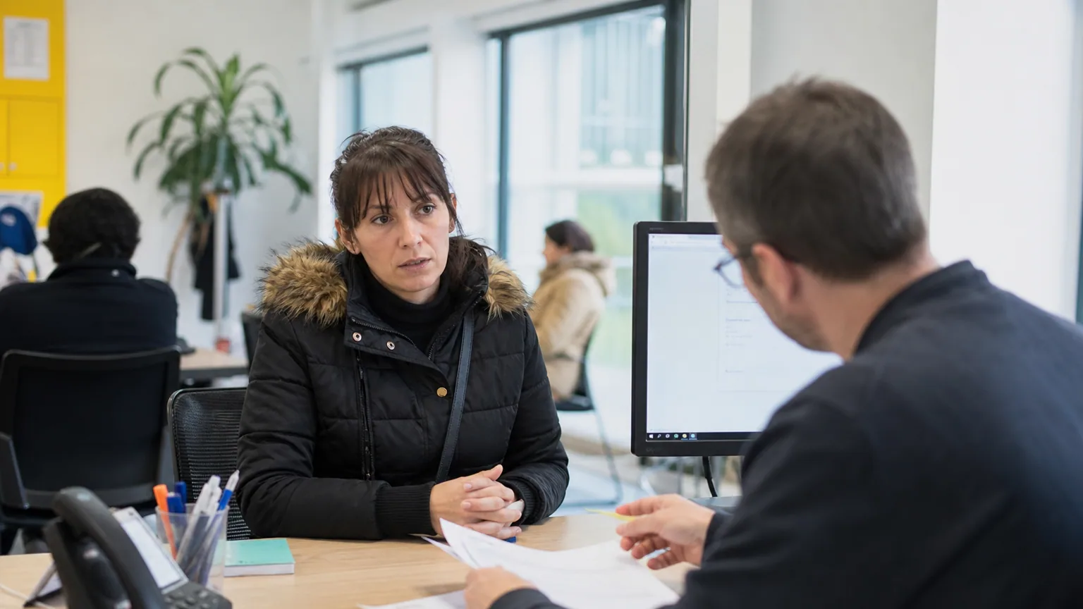 Un demandeur d'emploi en entretien avec un conseiller dans une agence France Travail