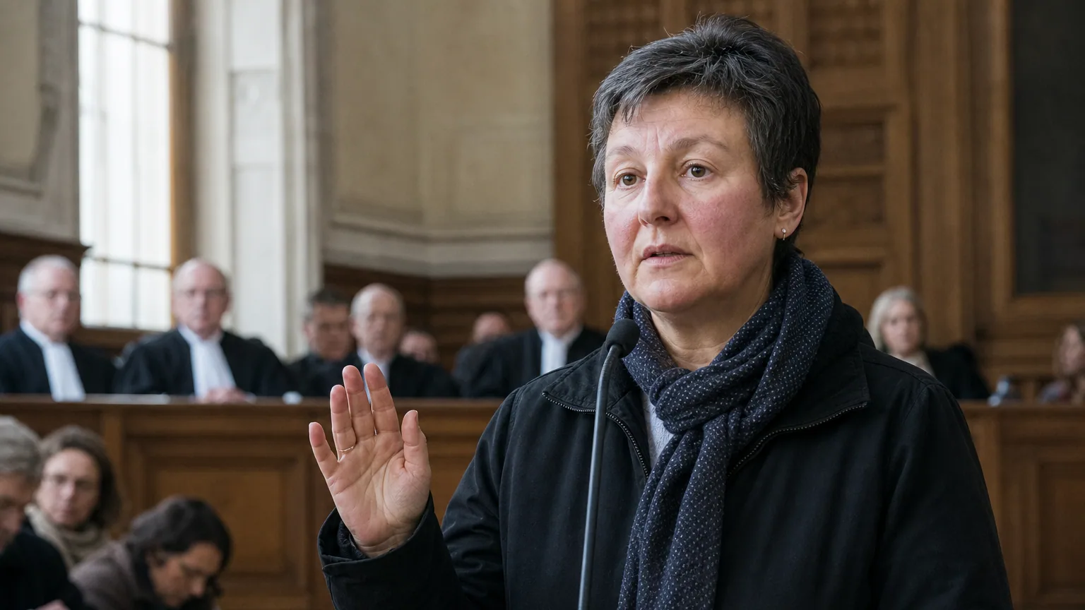 Une personne debout à la barre d'un tribunal s'apprête à témoigner devant la cour.