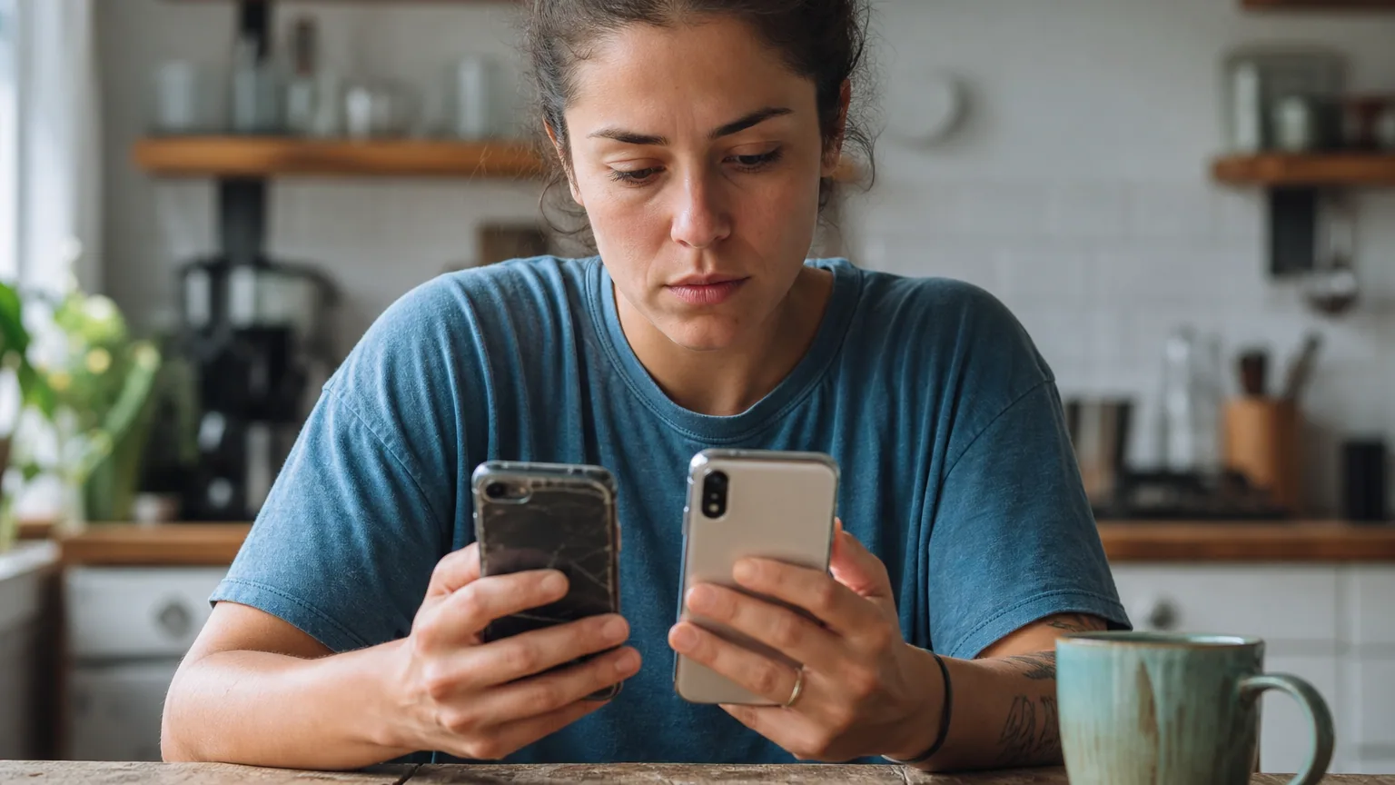 Une personne tient deux smartphones côte à côte pour transférer ses données vers le nouvel appareil