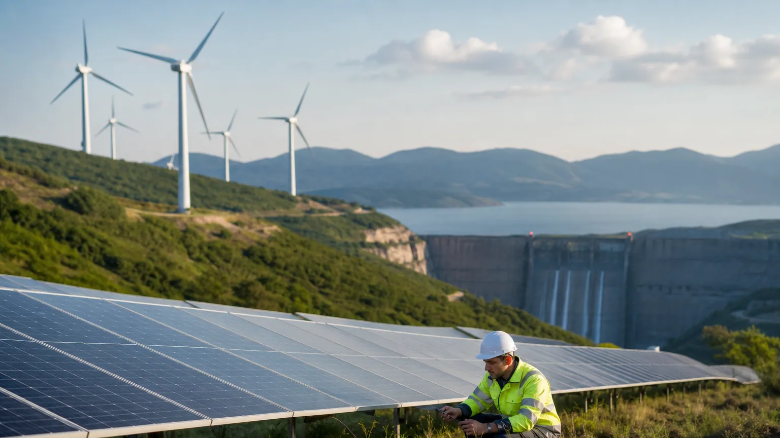 Paysage associant éoliennes, panneaux solaires et barrage hydroélectrique sous une lumière matinale