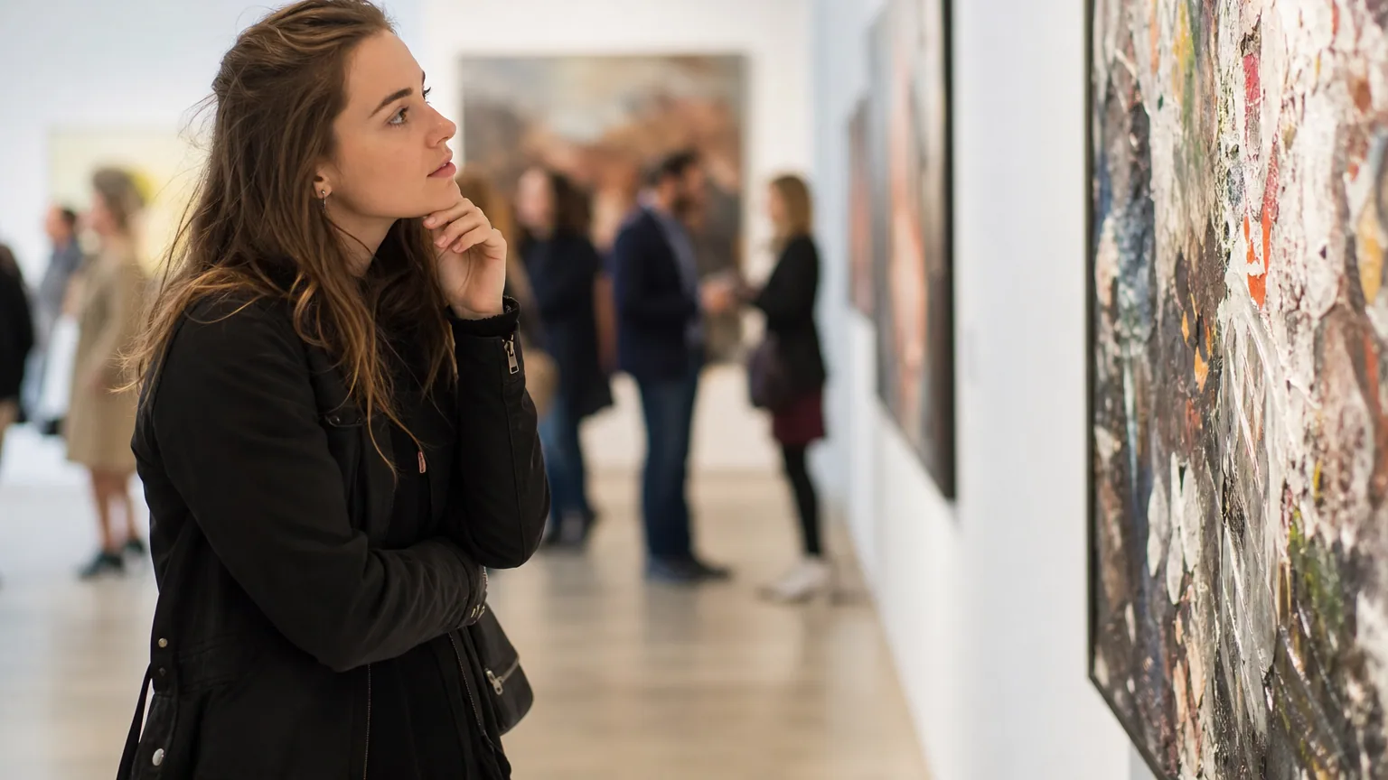 Une visiteuse observe une œuvre dans une galerie d'art aux murs blancs