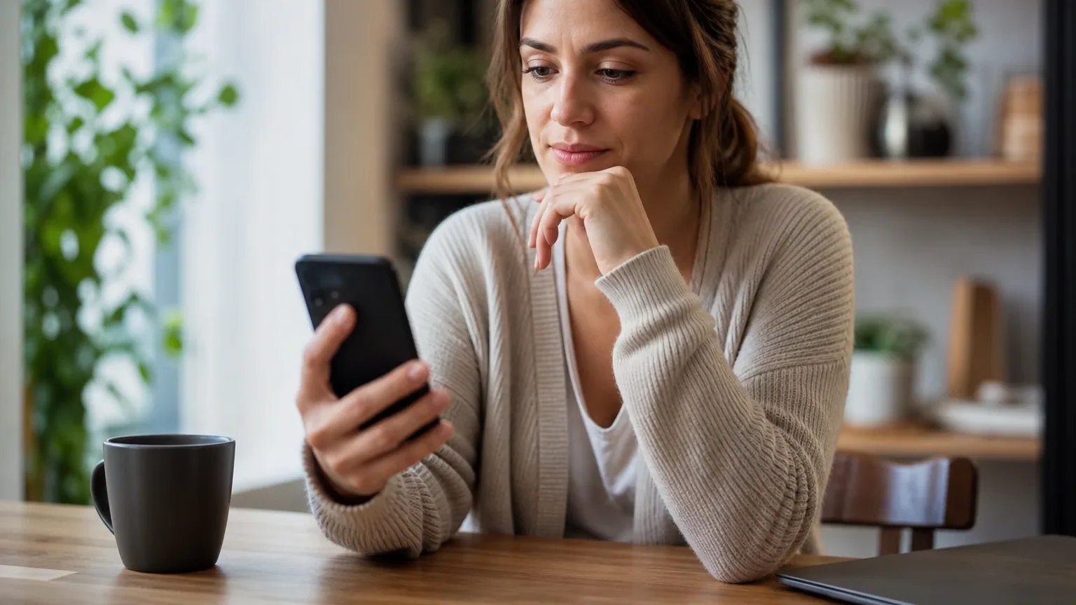 Une jeune femme observe son smartphone affichant une application financière, l'air curieux