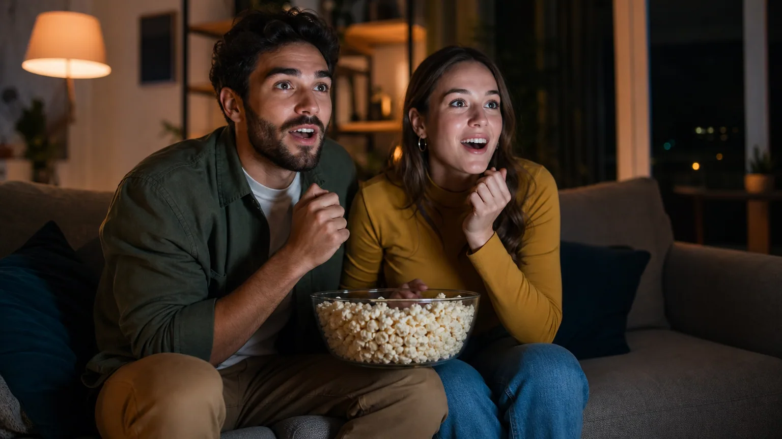 Un couple installé sur un canapé regarde un film le soir, éclairé par la lumière de la télévision