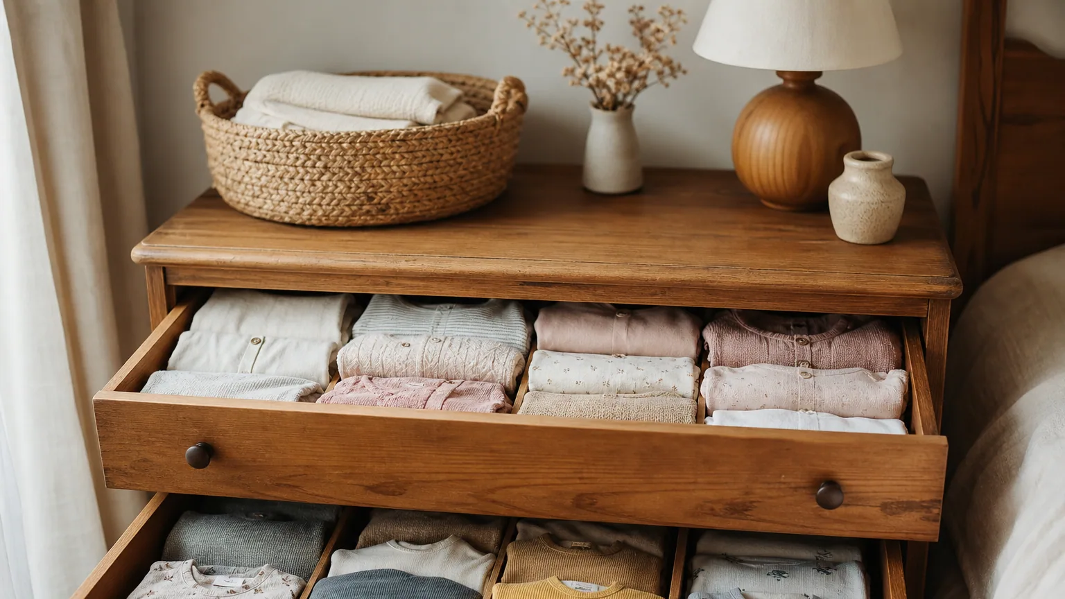 Tiroir de vêtements d'enfant rangés et organisés par taille pour limiter le gaspillage